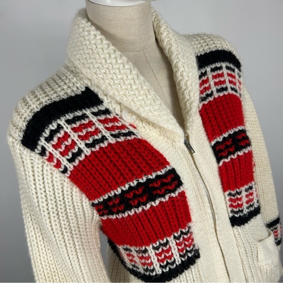 ❤️ Vintage Classic Curling Cream and Red Men's Zip-Up Sweater Size S-M - Picture 3 of 9